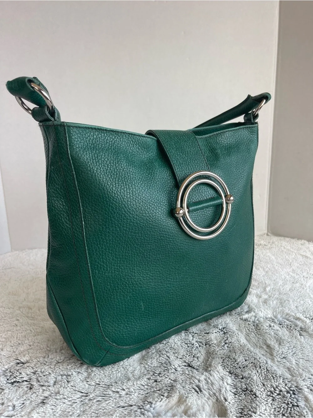 Furla Deep Green Leather Chrome Accent Satchel Women’s Bag